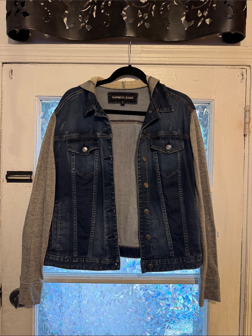 Express Dark Blue Denim Jacket with Gray Knit Sleeves and Hood